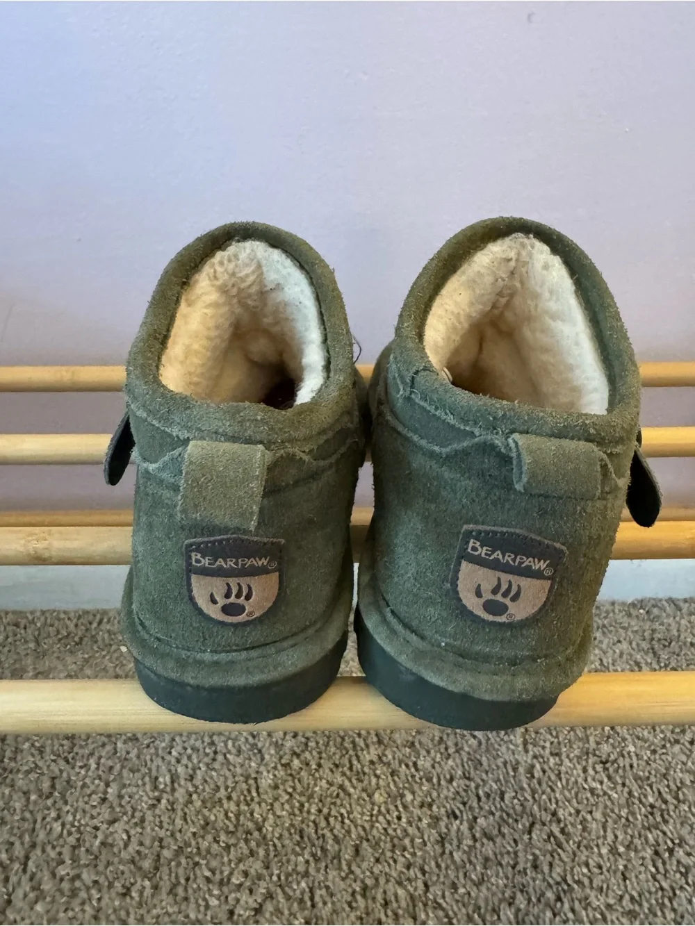 BearPaw Olive Suede Shearling Ankle Boots with Buckle Accent